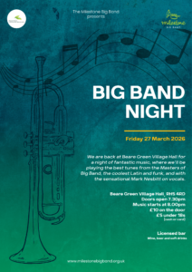 Poster for Milestone Big Band Friday Nigt gig on March 27th 2026